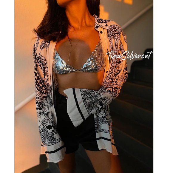 BLOGGER'S FAVE! Zara Sequin Appliqué Bikini Top Silver NWT - Picture 3 of 17